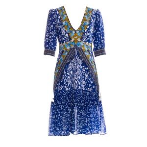 Saloni Silk Deep V Neck Midi Length Dress 3/4 Sleeves